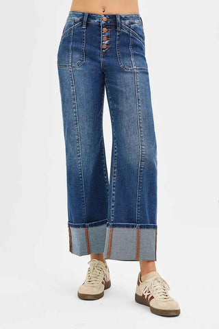 RISEN Full Size High Rise Crop Wide Straight Cuffed Jeans Plus Size