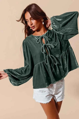 SO ME Spaghetti Strap Front Tie Velvet Holiday Blouse