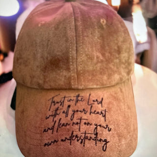 Brown Leather Baseball Hat with Trust in the Lord with all your heart and lean not on your own understanding.