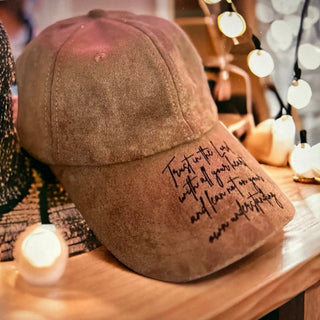 Brown Leather baseball hat with Trust in the Lord with all your Heart