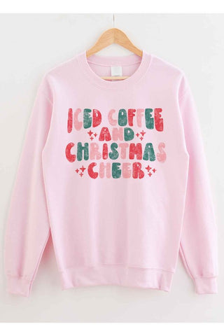 Iced Coffee & Cheer crewneck sweatshirt in white, grey, pink, sand or ash with relaxed fit and holiday graphic.