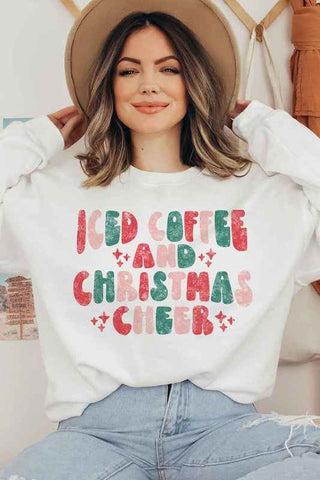 Iced Coffee & Cheer crewneck sweatshirt in white, grey, pink, sand or ash with relaxed fit and holiday graphic.