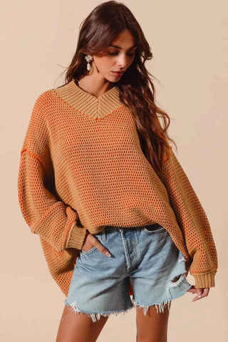SO ME Oversized Two Tone Textured V Neck Sweater