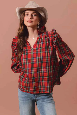 SO ME Christmas Checkered Plaid Smocked Blouse