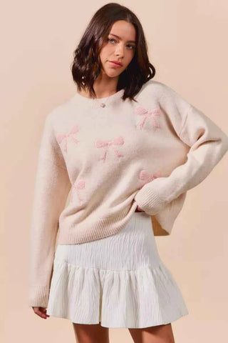SO ME Embroidered Ribbon Round Neck Sweater