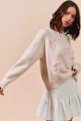 SO ME Embroidered Ribbon Round Neck Sweater