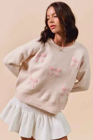 SO ME Embroidered Ribbon Round Neck Sweater