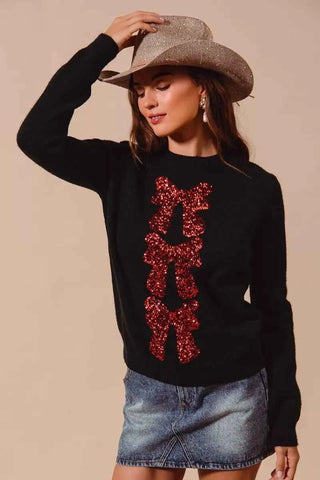 SO ME Sequins Bow Ribbon Embellished Christmas Sweater