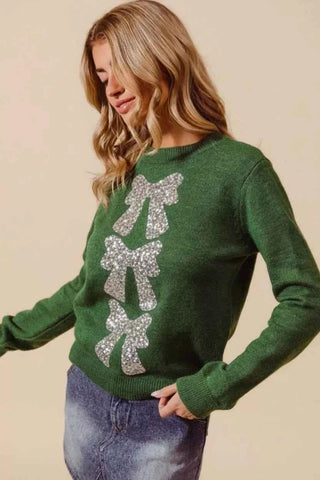 SO ME Sequins Bow Ribbon Embellished Christmas Sweater