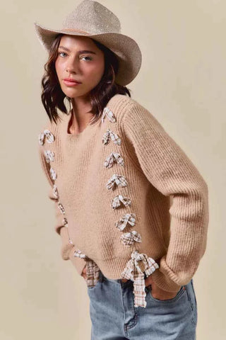 SO ME Checkered Plaid Tape Lace Up Ribbed Sweater