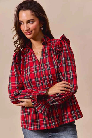 SO ME Christmas Checkered Plaid Smocked Blouse
