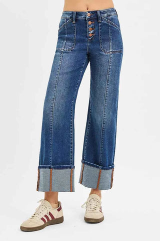 RISEN Full Size High Rise Crop Wide Straight Cuffed Jeans Plus Size
