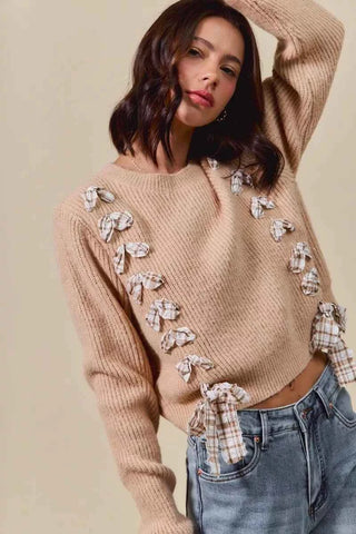 SO ME Checkered Plaid Tape Lace Up Ribbed Sweater