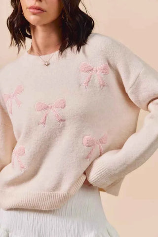 SO ME Embroidered Ribbon Round Neck Sweater