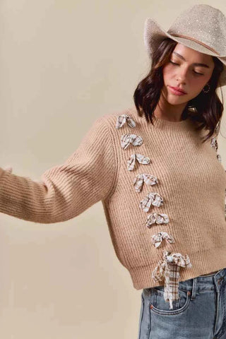 SO ME Checkered Plaid Tape Lace Up Ribbed Sweater