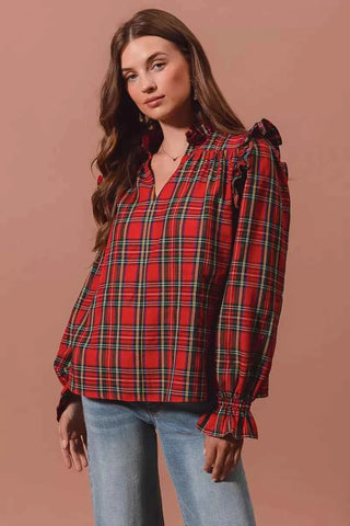 SO ME Christmas Checkered Plaid Smocked Blouse