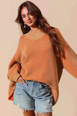 SO ME Oversized Two Tone Textured V Neck Sweater