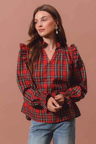 SO ME Christmas Checkered Plaid Smocked Blouse