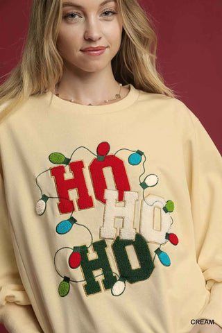 Umgee HO Applique French Terry Sweatshirt Christmas HO HO HO Graphic