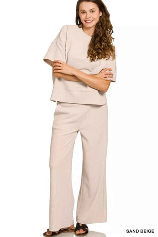 Zenana Ribbed Round Neck Tee & Pants Set