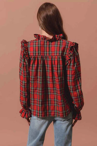 SO ME Christmas Checkered Plaid Smocked Blouse