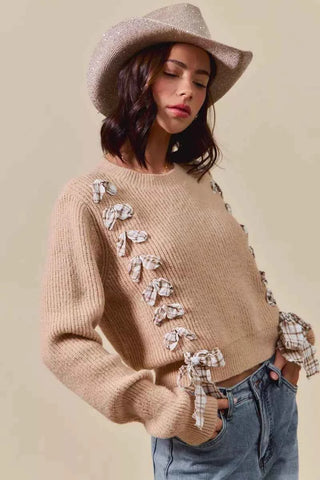 SO ME Checkered Plaid Tape Lace Up Ribbed Sweater