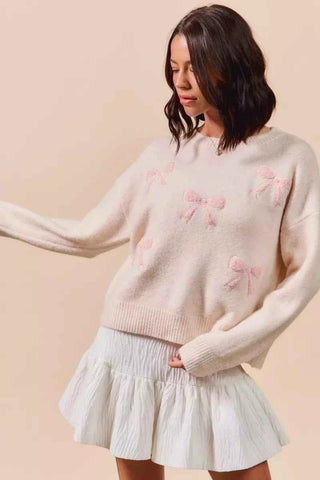 SO ME Embroidered Ribbon Round Neck Sweater