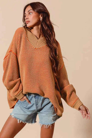 SO ME Oversized Two Tone Textured V Neck Sweater