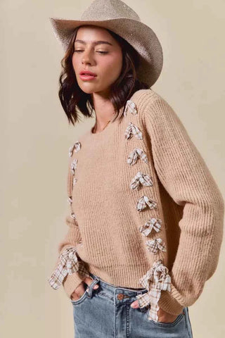 SO ME Checkered Plaid Tape Lace Up Ribbed Sweater