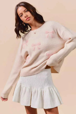 SO ME Embroidered Ribbon Round Neck Sweater