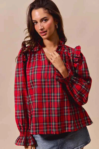 SO ME Christmas Checkered Plaid Smocked Blouse