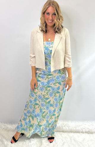 Blossom Breeze strapless floral pattern maxi dress, satin and side slit