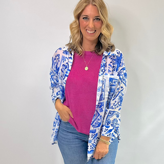 It Must Be Love Sweater muscle sleeve top with shimmer in hot pink