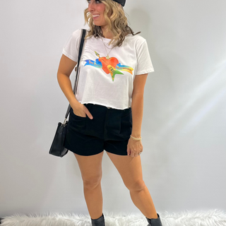 Tom Petty cropped distressed graphic tee featuring a vintage logo on soft cotton fabric with raw hem detailing