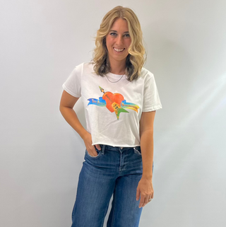 Tom Petty cropped distressed graphic tee featuring a vintage logo on soft cotton fabric with raw hem detailing