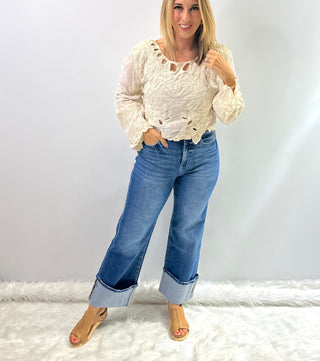 Vintage Style super high rise flare jeans with cuffed hems by Flying Monkey, adorable, comfortable and flattering 70s style inspired.