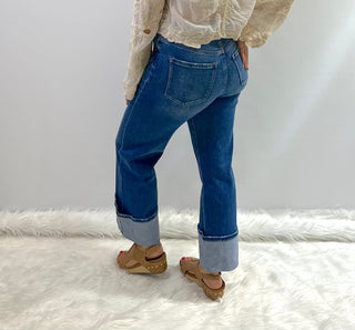 Vintage Style super high rise flare jeans with cuffed hems by Flying Monkey, adorable, comfortable and flattering 70s style inspired.