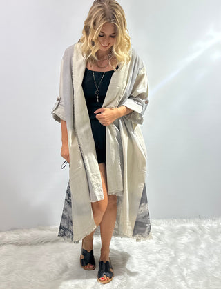 One of a Kind piece, floor length organic linen duster with cream and gray Chief Joseph print, buttoned 3/4 sleeves and side pockets