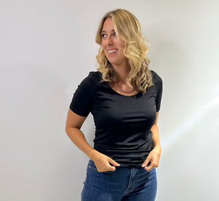 Women's fitted scoop neck short sleeve top made from soft double layer butter knit fabric in black