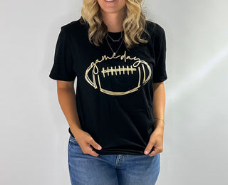 Black graphic t shirt with gold football and cursive game day design, perfect for team spirit and fanwear