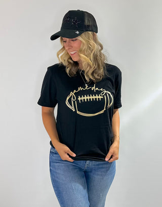 Black graphic t shirt with gold football and cursive game day design, perfect for team spirit and fanwear