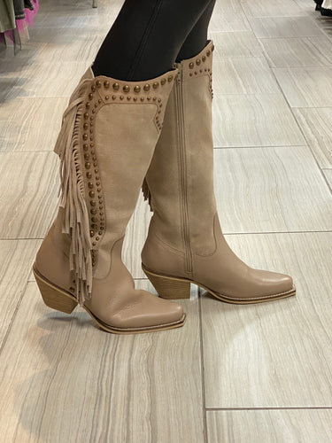 Very Volatile, fringe nude boots with studs. Nashville