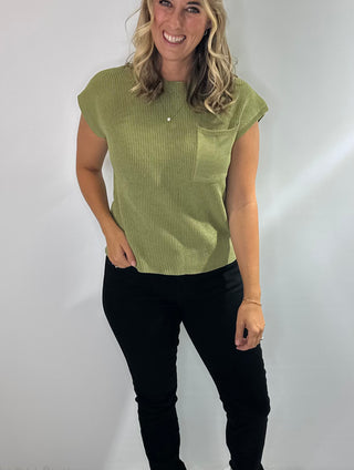 Women's round neck short sleeve knit sweater with a front chest pocket relaxed fit