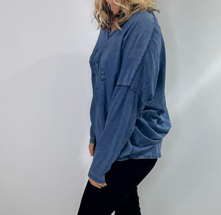 Womens Long Sleeve 100% Cotton v neck shirt with raised word "vintage" lettering on front