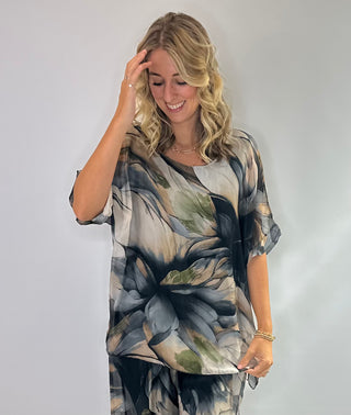 Smoky Magnolia Silk Blouse with Layered short sleeves, scoop neckline and tie back closure in a one size oversized fit