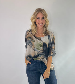 Smoky Magnolia Silk Blouse with Layered short sleeves, scoop neckline and tie back closure in a one size oversized fit