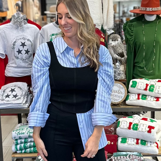 Sleeveless ribbed corset-style crop top in beige, taupe, black, royal blue and hot pink with curved hem and body hugging fit