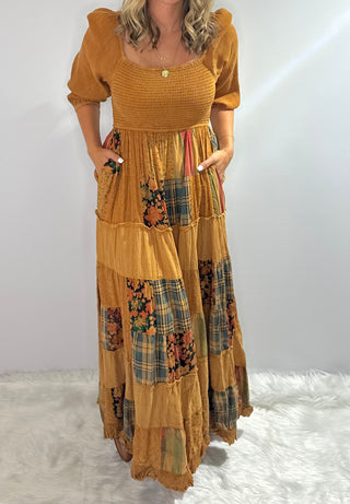 Long Golden Yellow patchwork boho dress with smocked bodice and 3/4 gathered sleeves.