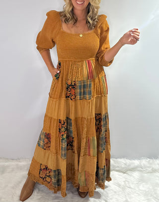 Long Golden Yellow patchwork boho dress with smocked bodice and 3/4 gathered sleeves.