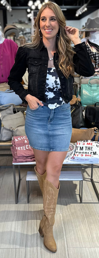 Black Puffy Sleeve Denim Jacket - White Lily Boutique